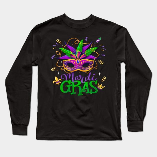 Mardi Gras Mardi Gras Beads Mask Joker Hat Carnival 2024 Long Sleeve T-Shirt by panji derel